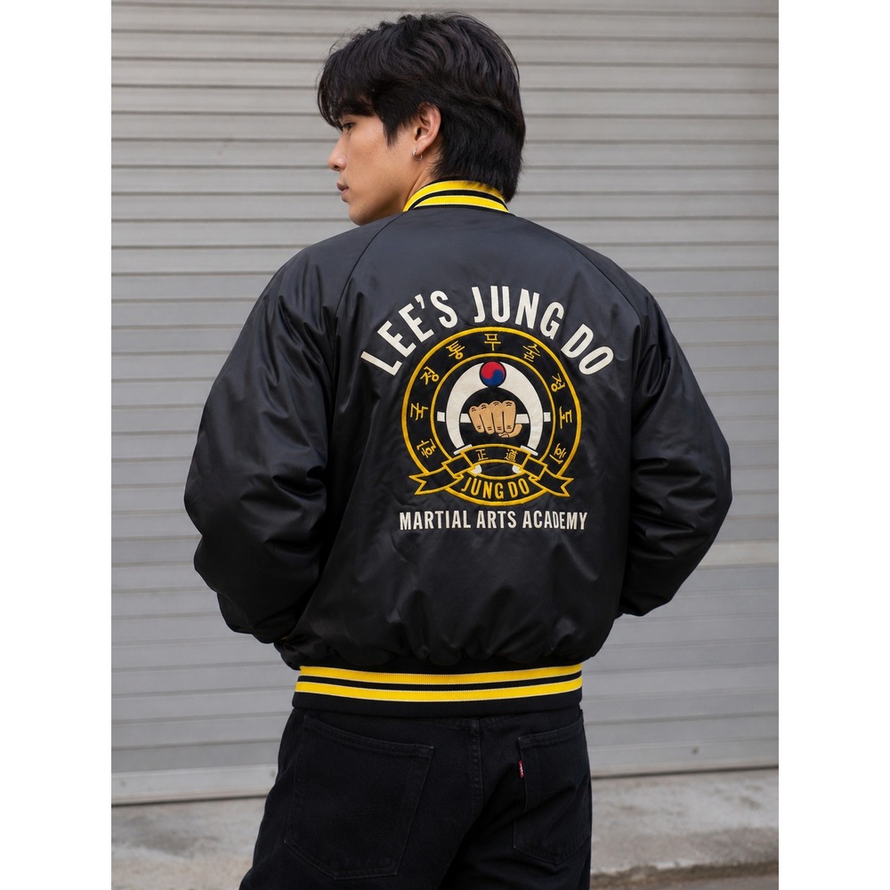 Vintage Lee's Jung Do Martial Arts Satin Style Bomber Jacket Black Korea Medium